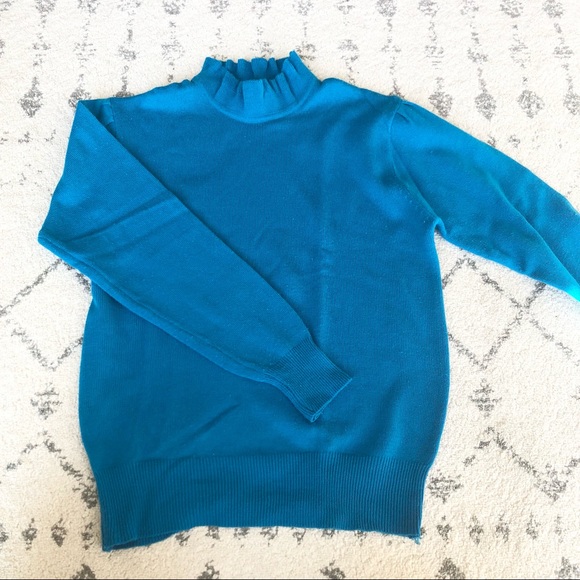 Vintage 1980s Sears Fashion Place High Neck Ruffles Blue Sweater - Picture 3 of 8